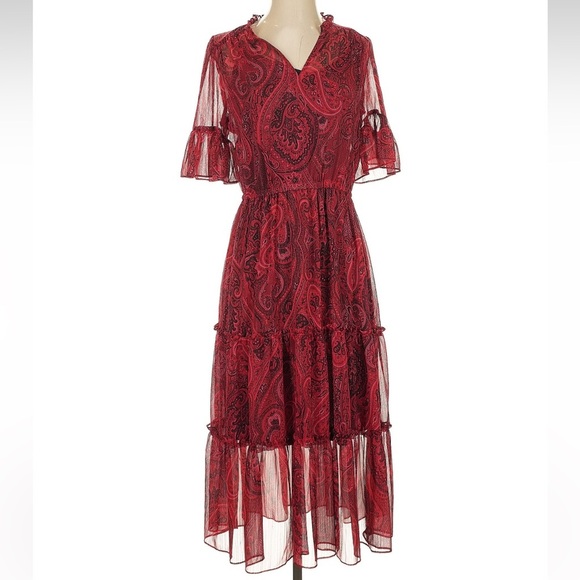 Tommy Hilfiger Red Floral Paisley Flutter Sleeve Midi Dress Size 4 Small S - Picture 2 of 8